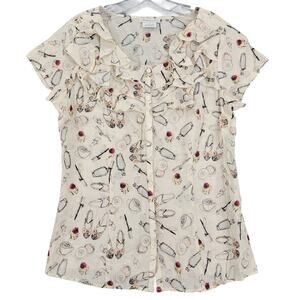 Van Heusen Cream Ivory Shirt Ruffled Sheer Buttons Scoop Short Sleeves Women's L